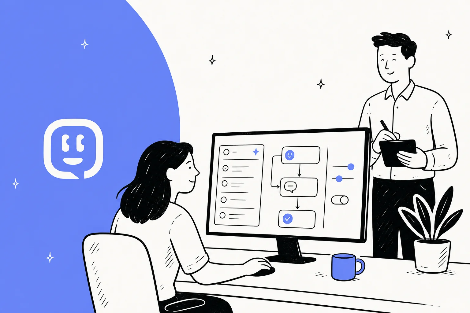 Two people at a workspace configuring an AI automation builder, in Kustomer periwinkle
