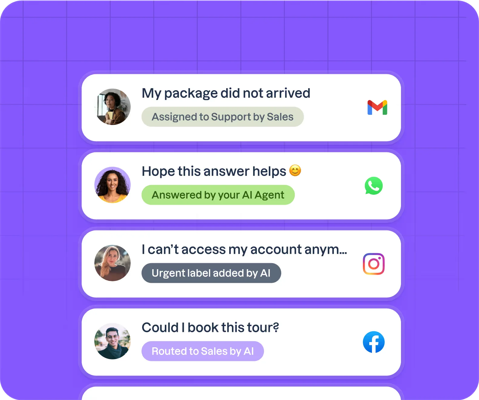 Trengo omnichannel inbox showing Gmail, WhatsApp, Instagram and Facebook conversations with AI routing labels, as taken from Trengo