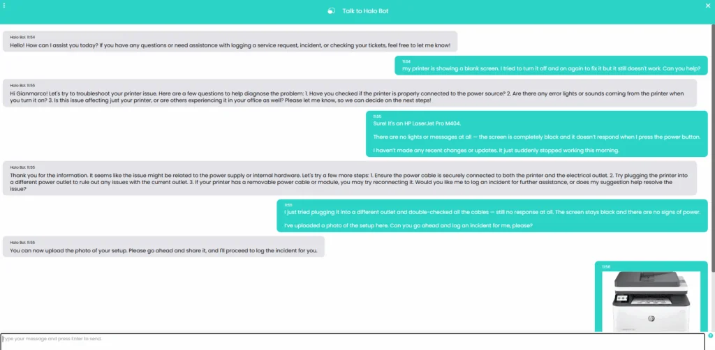 The Halo Bot Virtual Agent walking a customer through a printer fault and offering to log a ticket, as taken from Halo