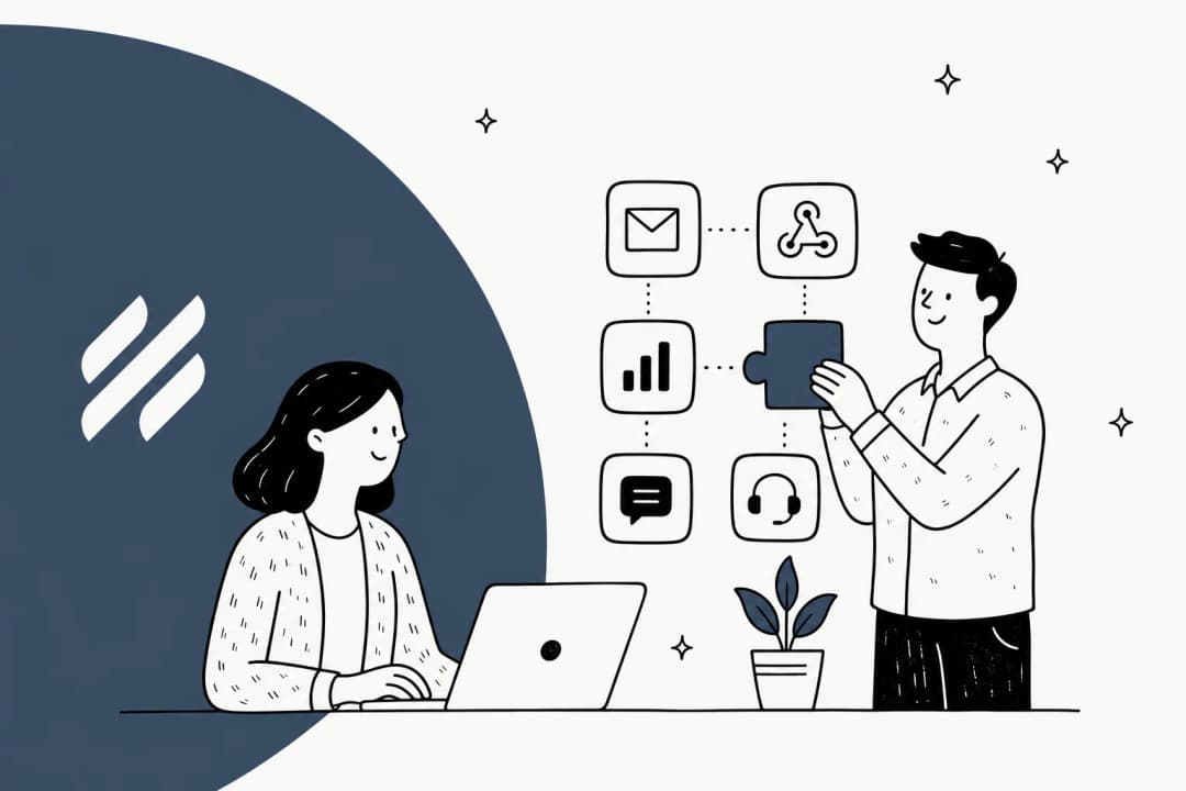 Illustration of the Help Scout logo surrounded by connected app tiles