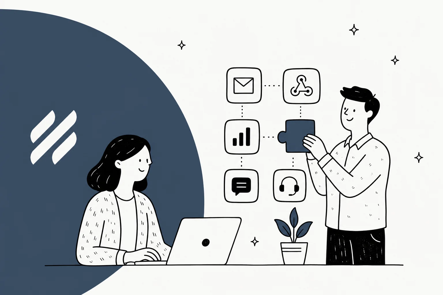 Illustration of the Help Scout logo surrounded by connected app tiles