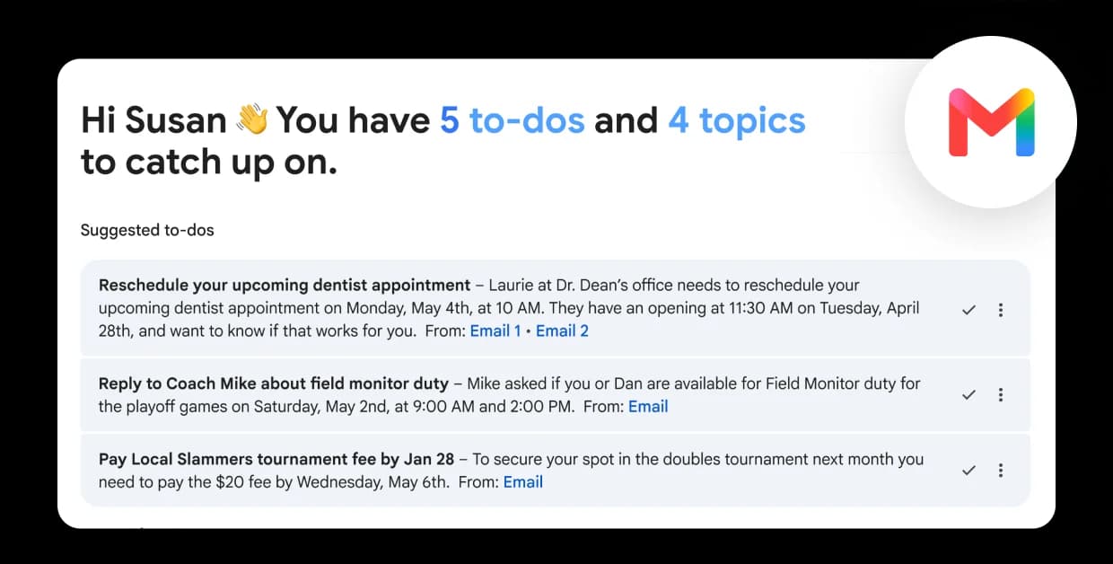 Gmail AI Inbox showing a to-do summary and suggested tasks extracted from emails for Susan, as taken from Google One