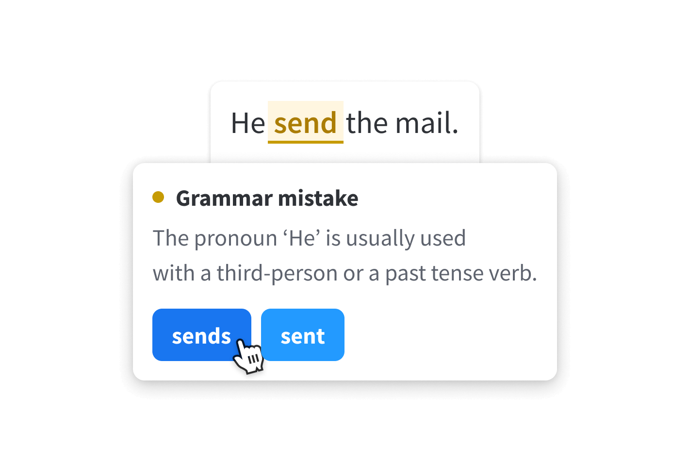 LanguageTool grammar mistake UI showing an error flagged with fix suggestions, as taken from LanguageTool