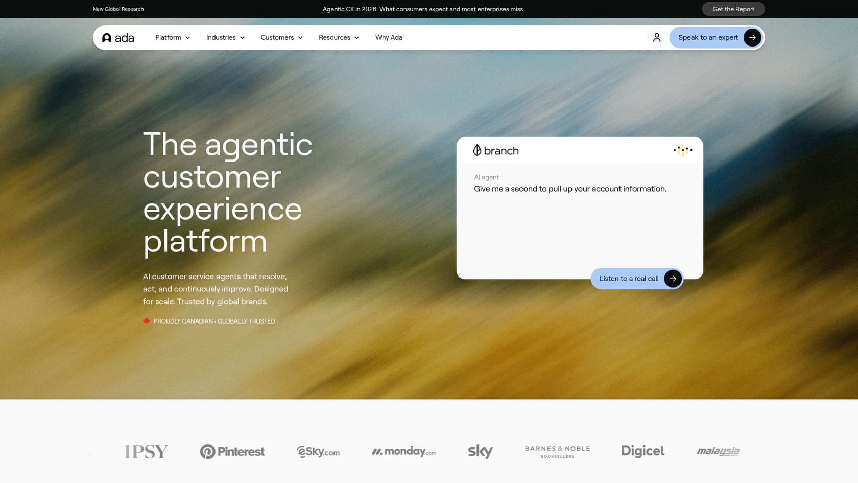 The Ada.cx homepage showing their Agentic Customer Experience platform