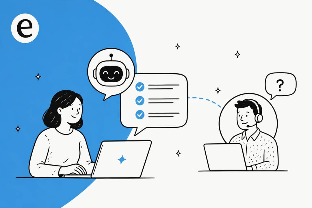 Illustration of AI automatically answering repetitive customer FAQs and routing the rest to a human