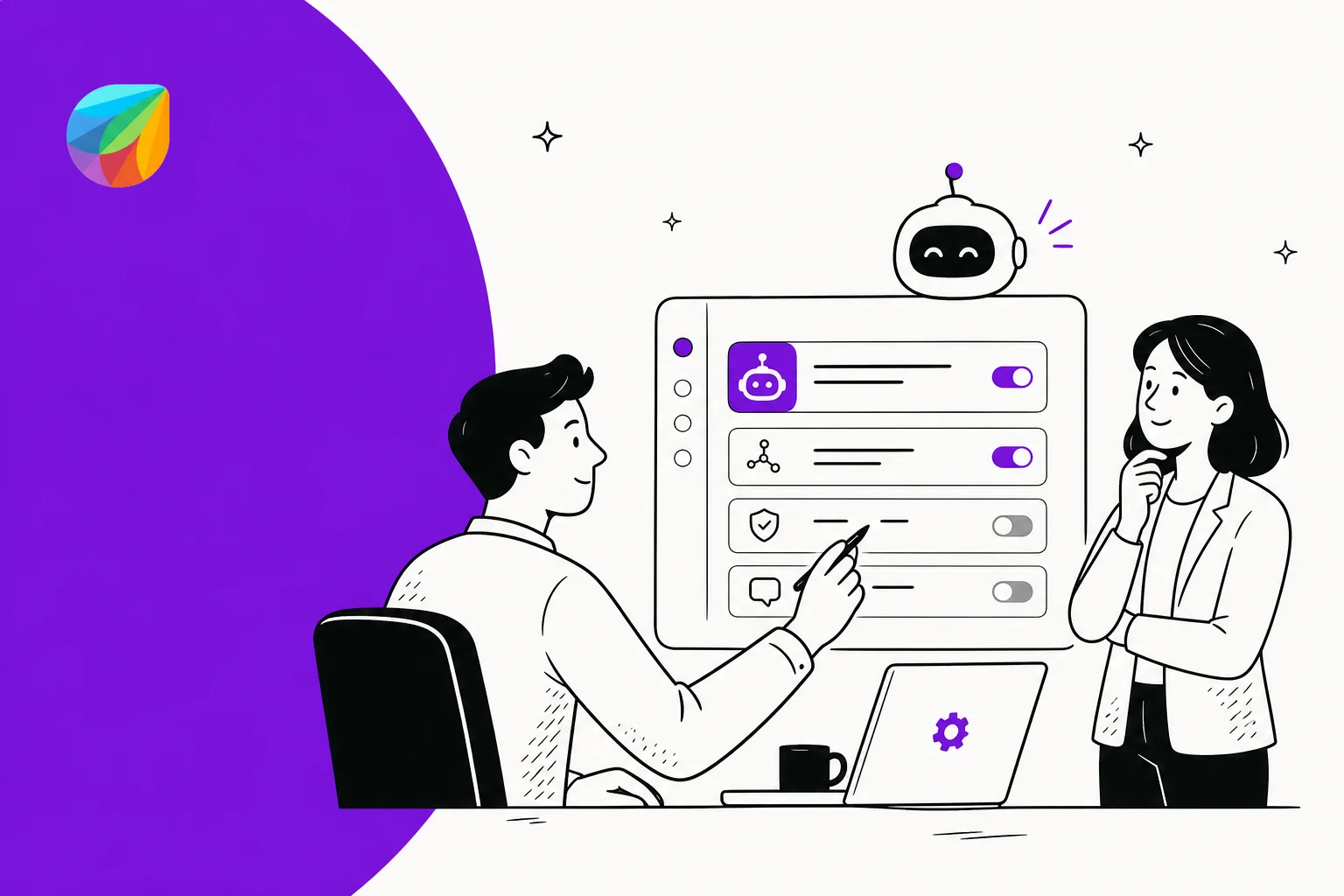 Two IT admins configuring a Freshservice AI agent on a dashboard with channel toggles