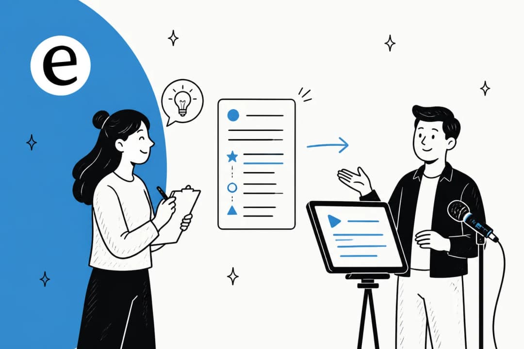 Illustration of a topic and brief becoming a structured spoken-word video script with a hook and beats