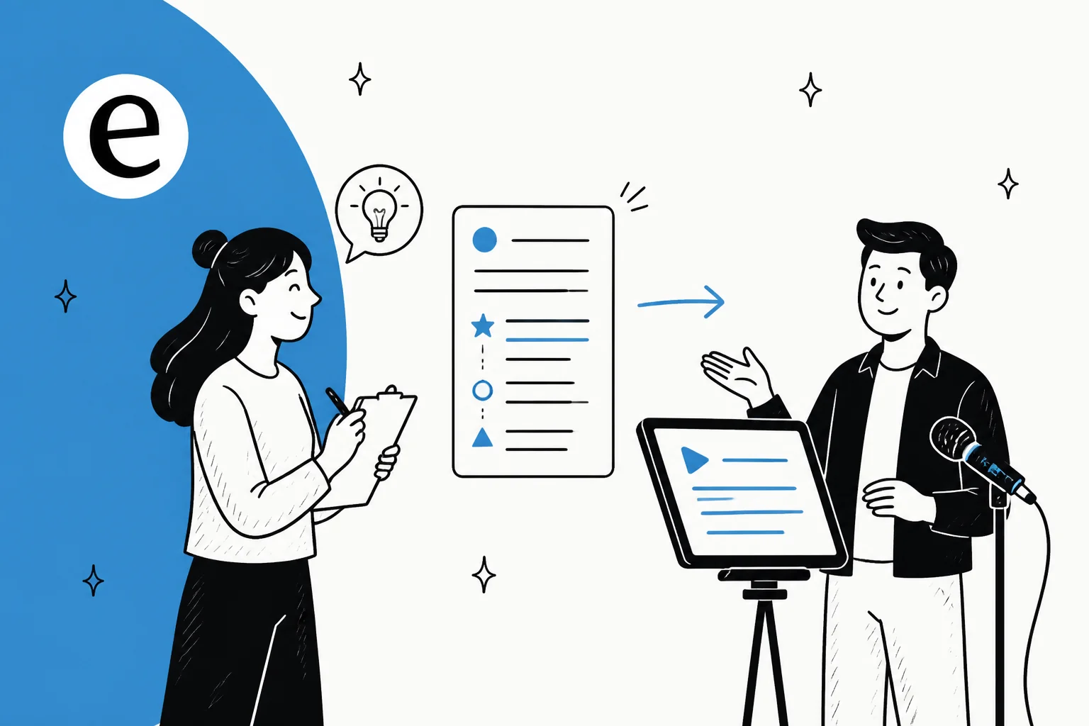 Illustration of a topic and brief becoming a structured spoken-word video script with a hook and beats