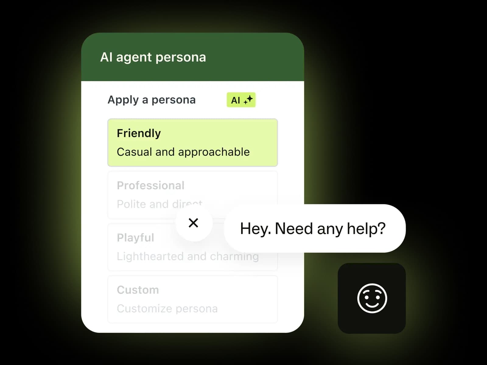 AI agent persona settings in the Zendesk web widget - tone selector and greeting preview, as taken from Zendesk