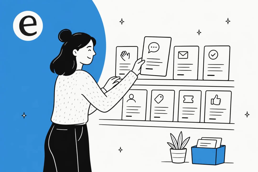 A support agent organizing a wall of reusable reply-template cards, representing helpdesk macro management