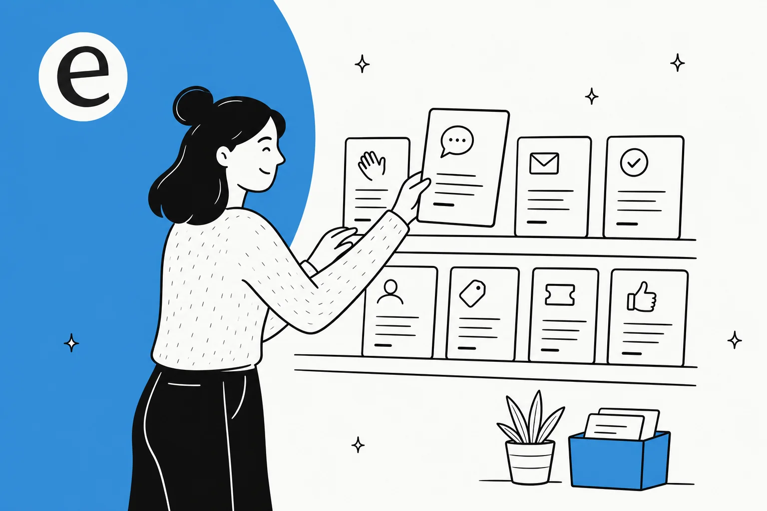 A support agent organizing a wall of reusable reply-template cards, representing helpdesk macro management