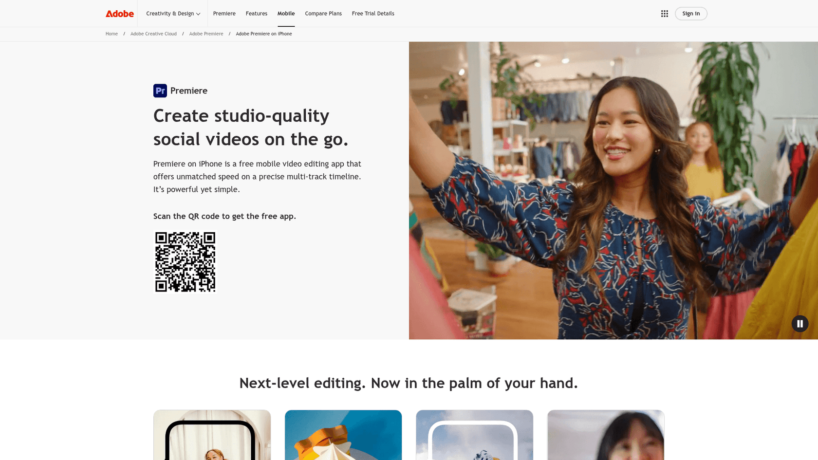 Adobe Premiere Rush product page, as taken from Adobe