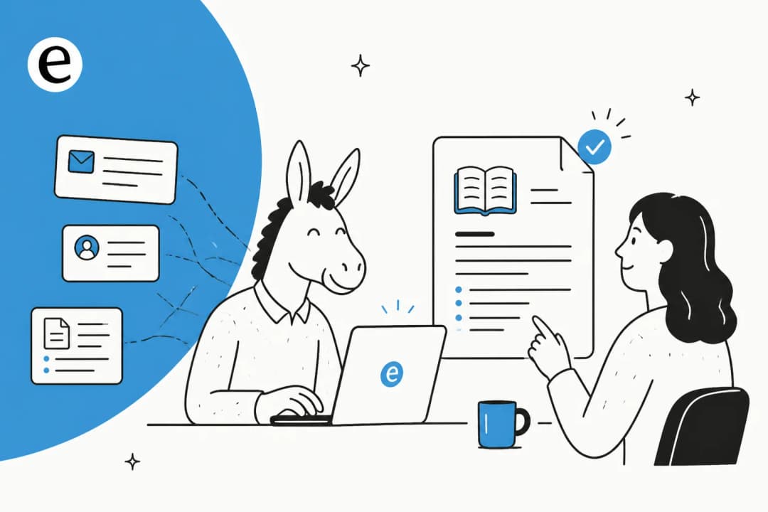 Illustration of an AI turning support tickets and scattered docs into a help center article