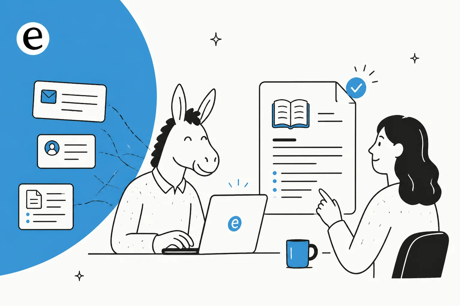 Illustration of an AI turning support tickets and scattered docs into a help center article