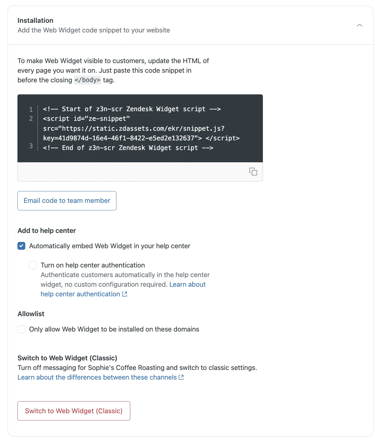 Installation tab showing snippet, help center auto-embed, Allowlist, and the switch to Classic option, as taken from Zendesk