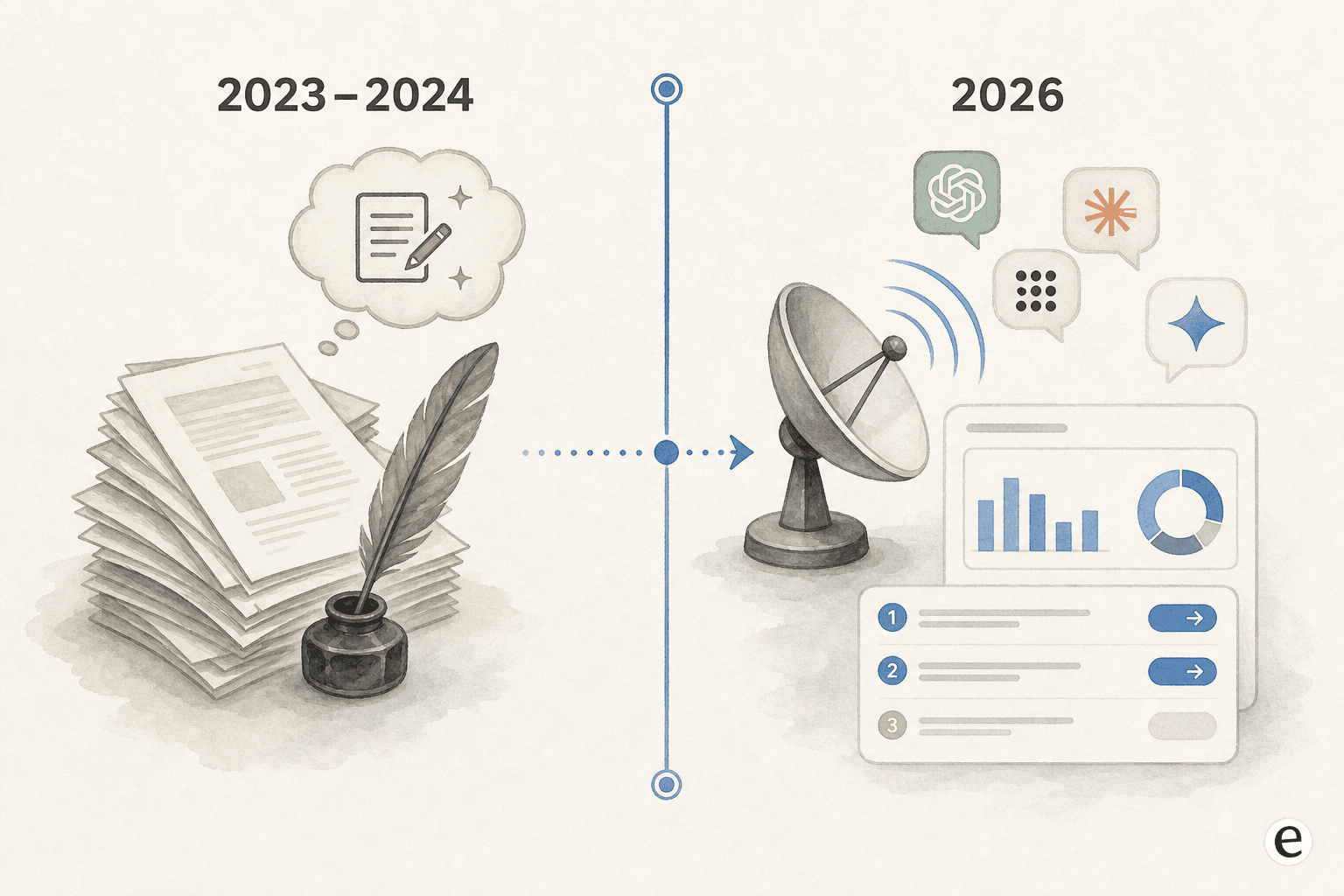 A timeline-style diagram showing Writesonic's repositioning from an AI writer product around 2023–2024 to an AI search visibility and GEO platform in 2026, with article generation folded inside.