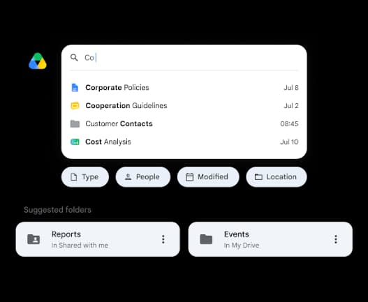 Searching Drive in natural language and receiving file and folder results with suggested folders, as taken from Google Workspace