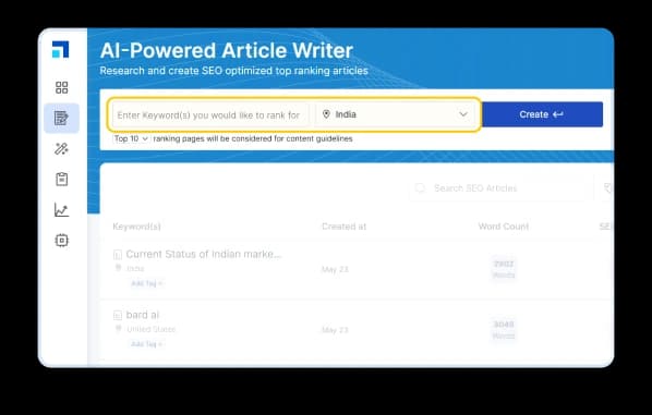 Scalenut's AI article writer screen where you enter keywords to rank for, as taken from Scalenut