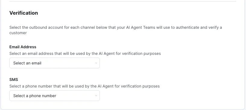 Kustomer's verification settings for selecting the email and SMS accounts the AI uses to verify customers, as taken from the Kustomer help center