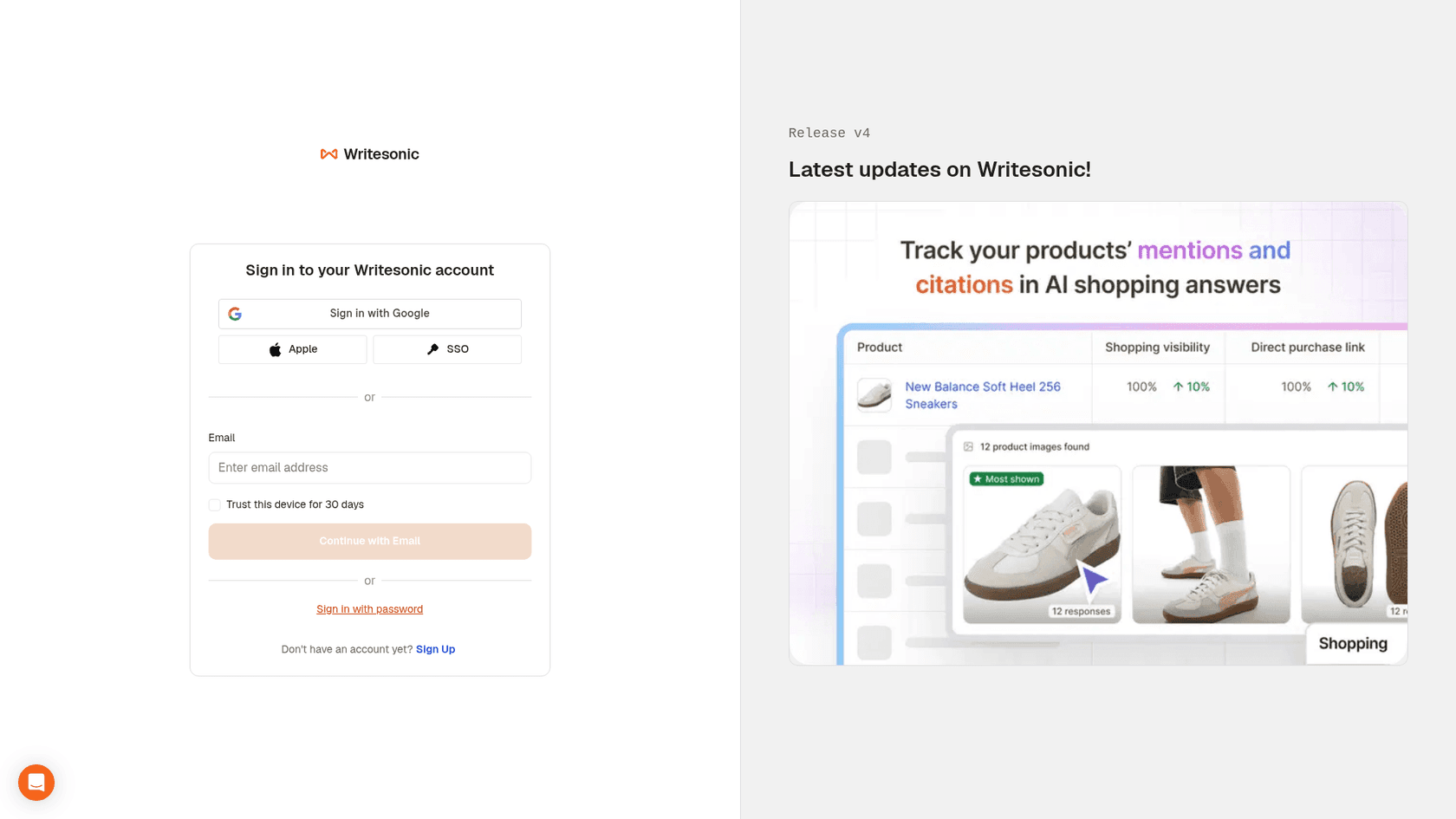 Writesonic app interface showing the AI writing and content optimization dashboard, as taken from Writesonic