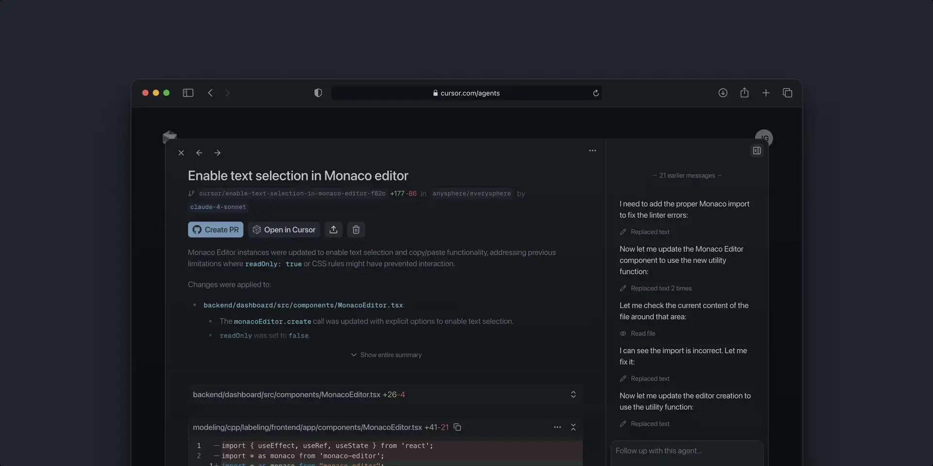 A single Cursor cloud agent task at cursor.com/agents, showing the change summary, a diff, and Create PR and Open in Cursor buttons, as taken from Cursor
