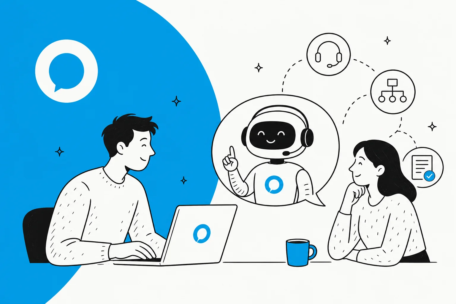 Illustration of an AI support agent answering a customer, in Halo blue with an eesel watermark