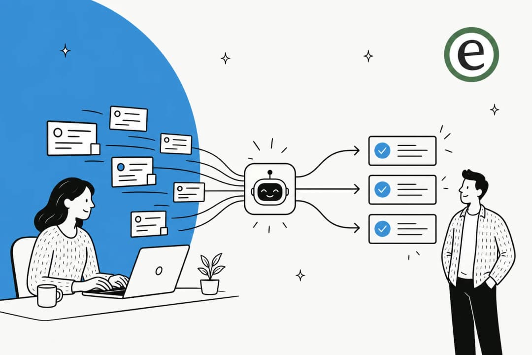 Illustration of service desk automation: a ticket queue flowing into automated resolutions
