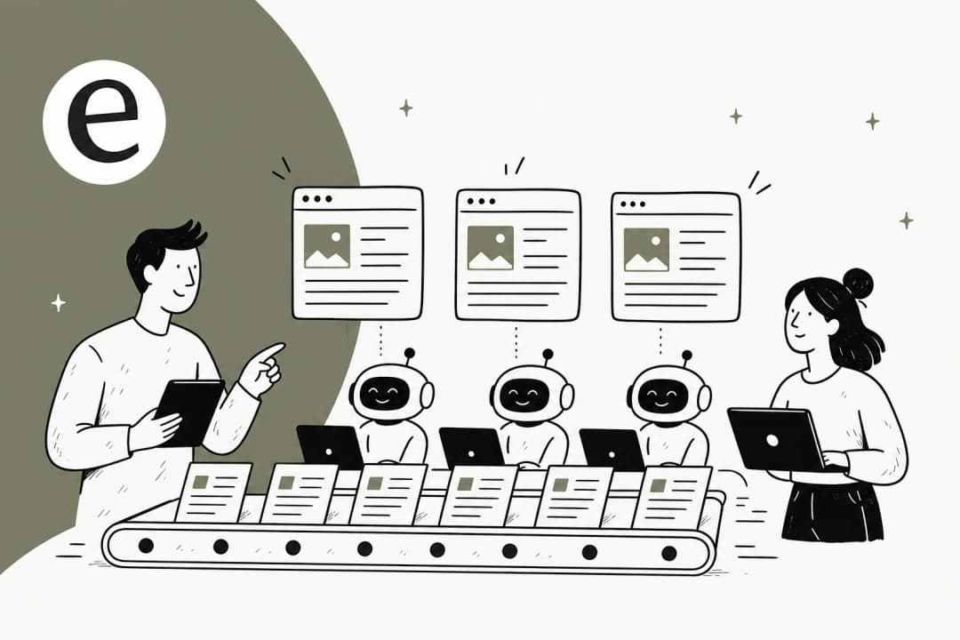 Hero illustration of multiple AI-generated articles streaming out of a content pipeline in parallel