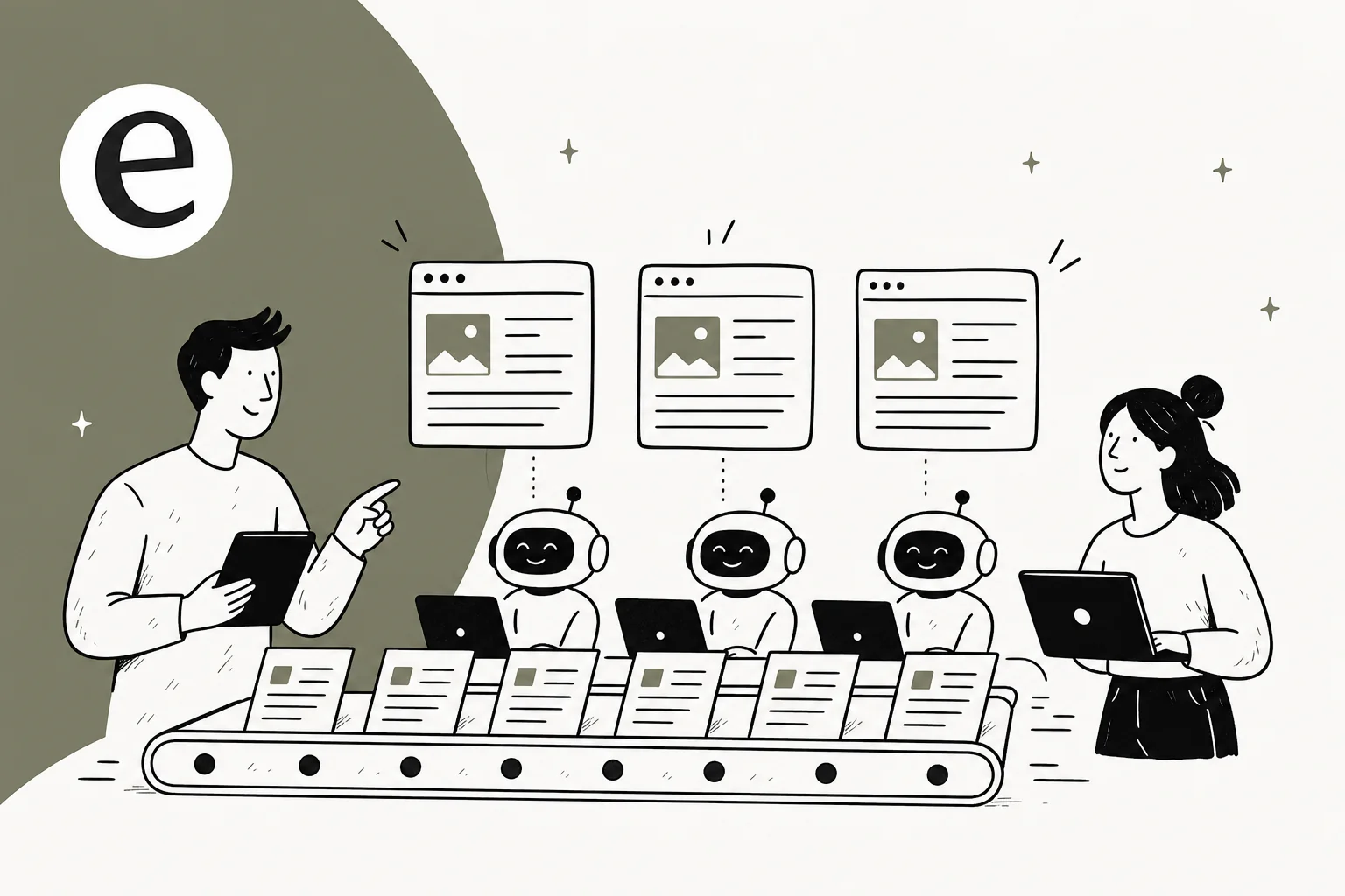 Hero illustration of multiple AI-generated articles streaming out of a content pipeline in parallel