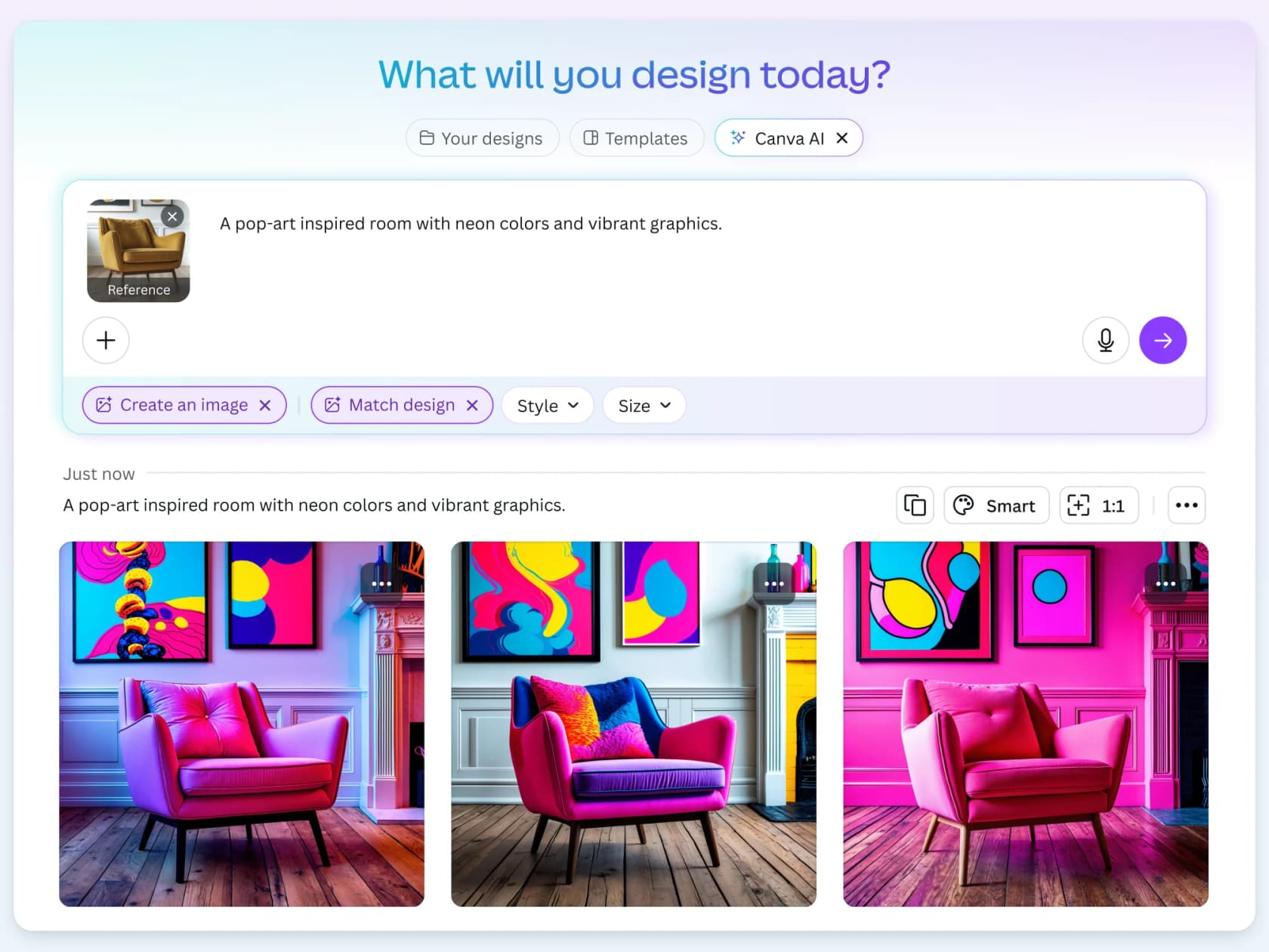 Canva AI home interface showing "What will you design today?" with text-to-image generating pop-art furniture results