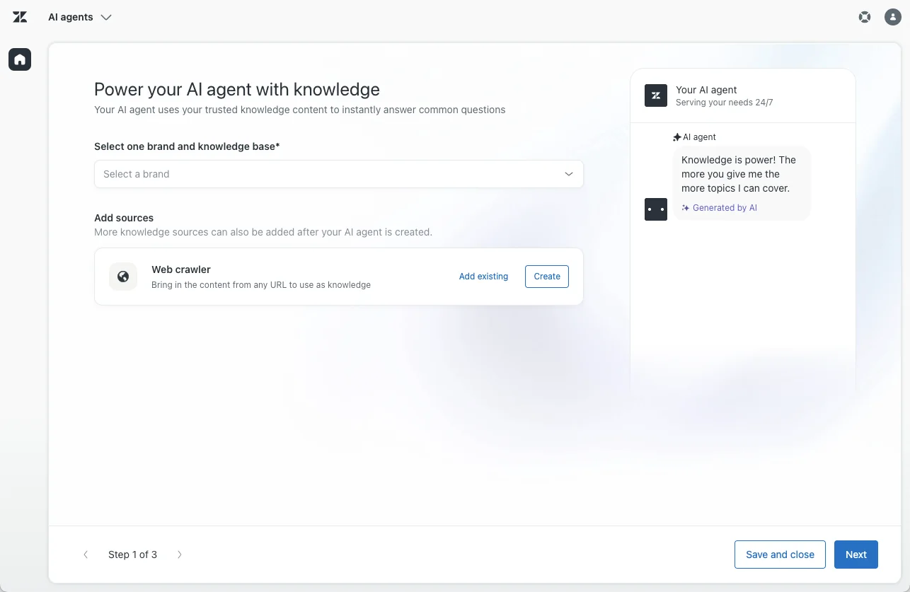 Knowledge source selection step in the Zendesk AI agent creation wizard, as taken from Zendesk help