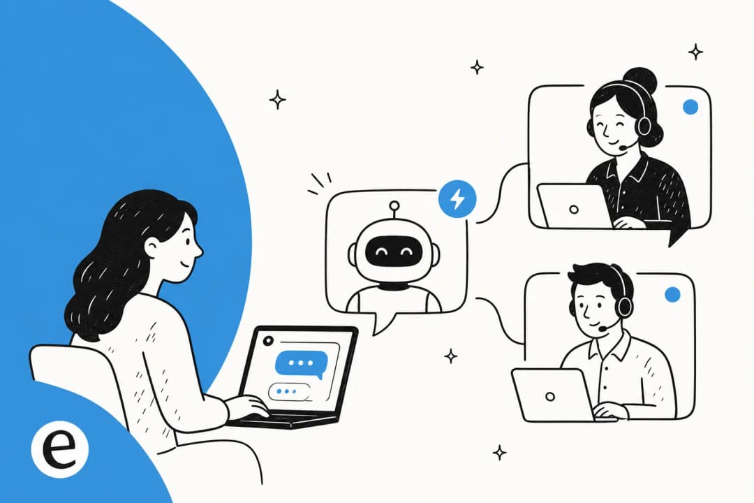 Illustration of real-time customer support: live chat, instant AI answers, and a support team responding in the moment
