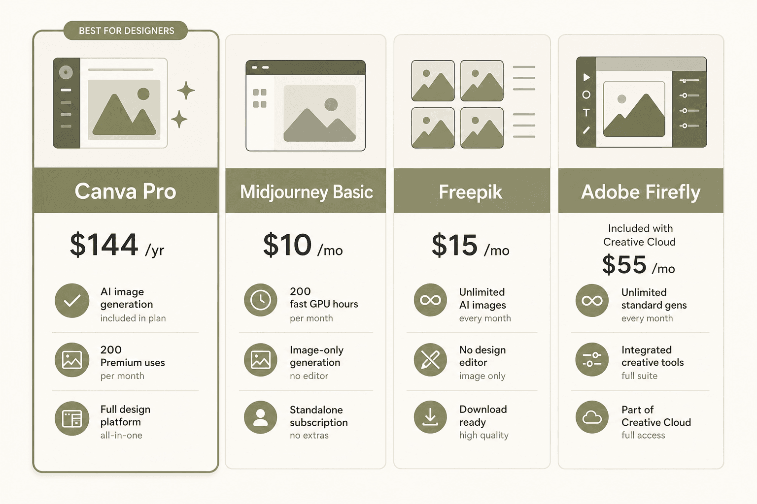 Canva AI pricing compared to Midjourney, Freepik, and Adobe Firefly - entry price, generation limits, and editor availability