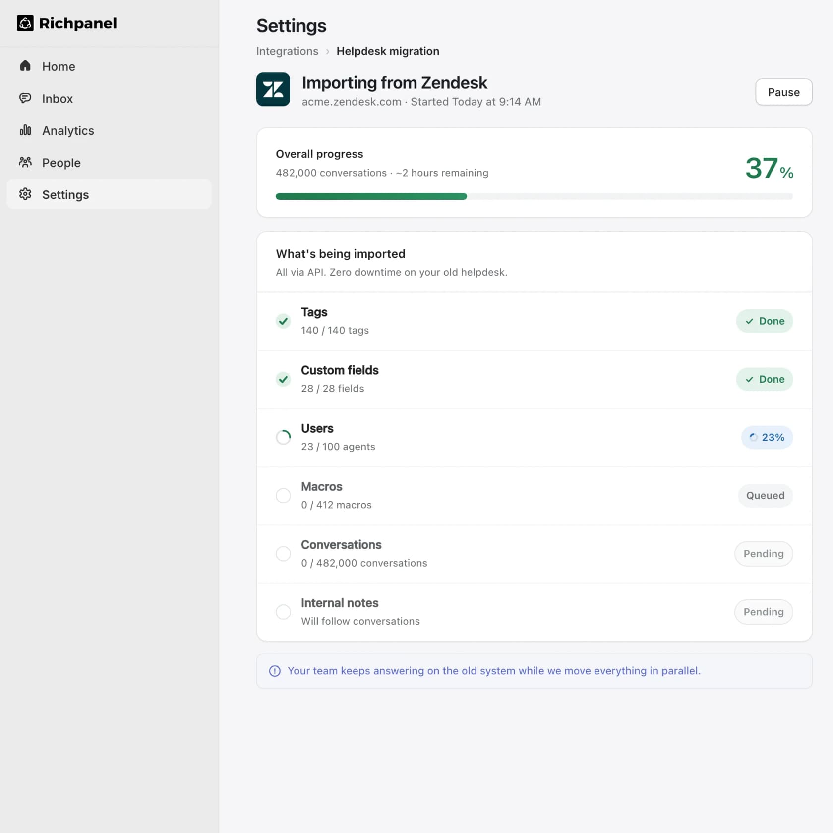Richpanel importing 482,000 conversations from Zendesk in parallel, with tags and custom fields done and users in progress, while the old helpdesk stays live, as taken from Richpanel
