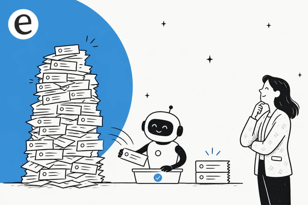 A towering support ticket backlog shrinking into a short, calm queue as an AI teammate clears the repetitive tickets