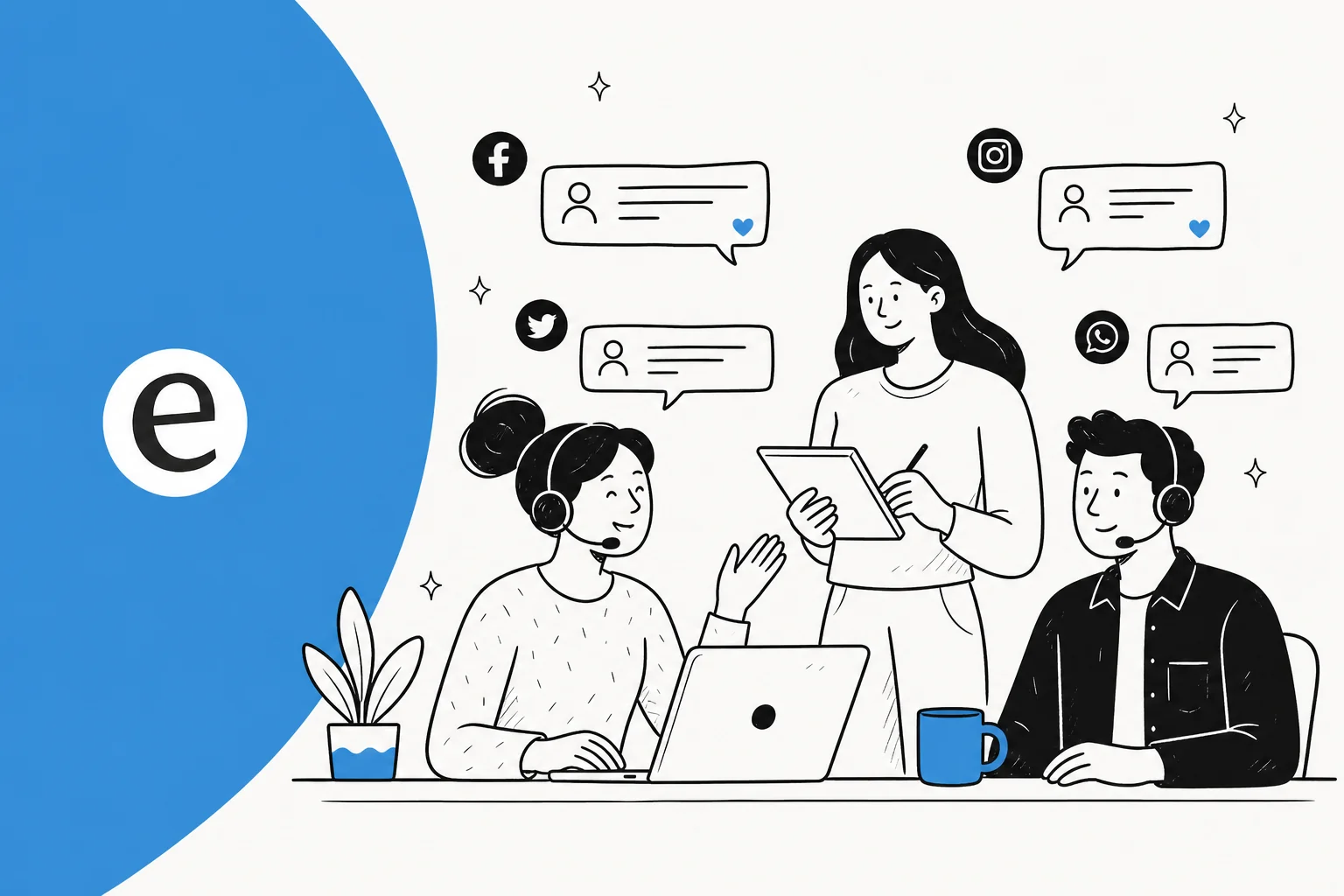 Illustration of social media reply bubbles above a customer support desk