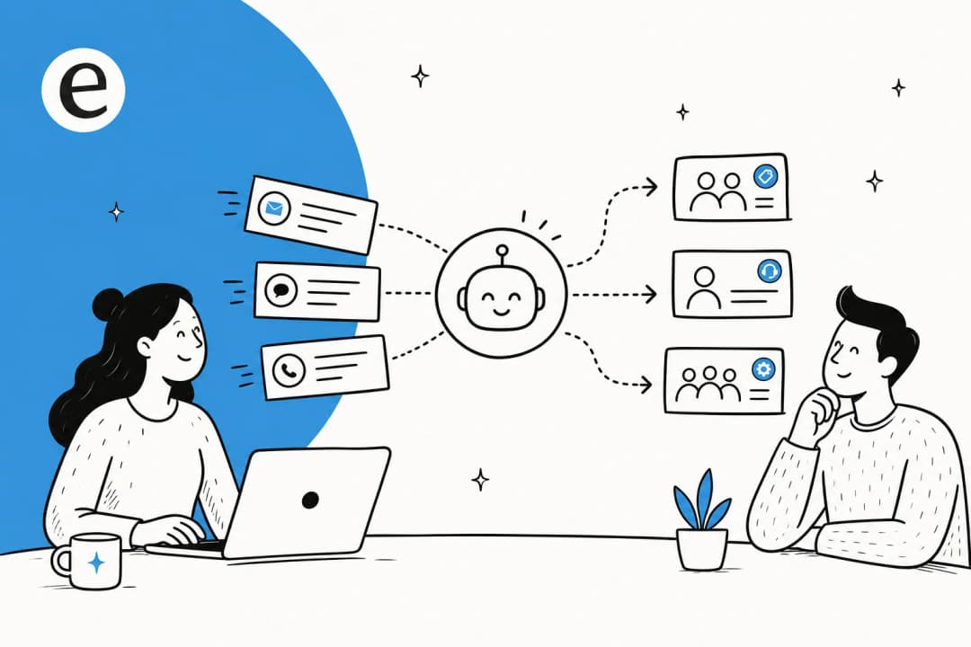 Illustration of AI sorting and routing SaaS support tickets into the right queues