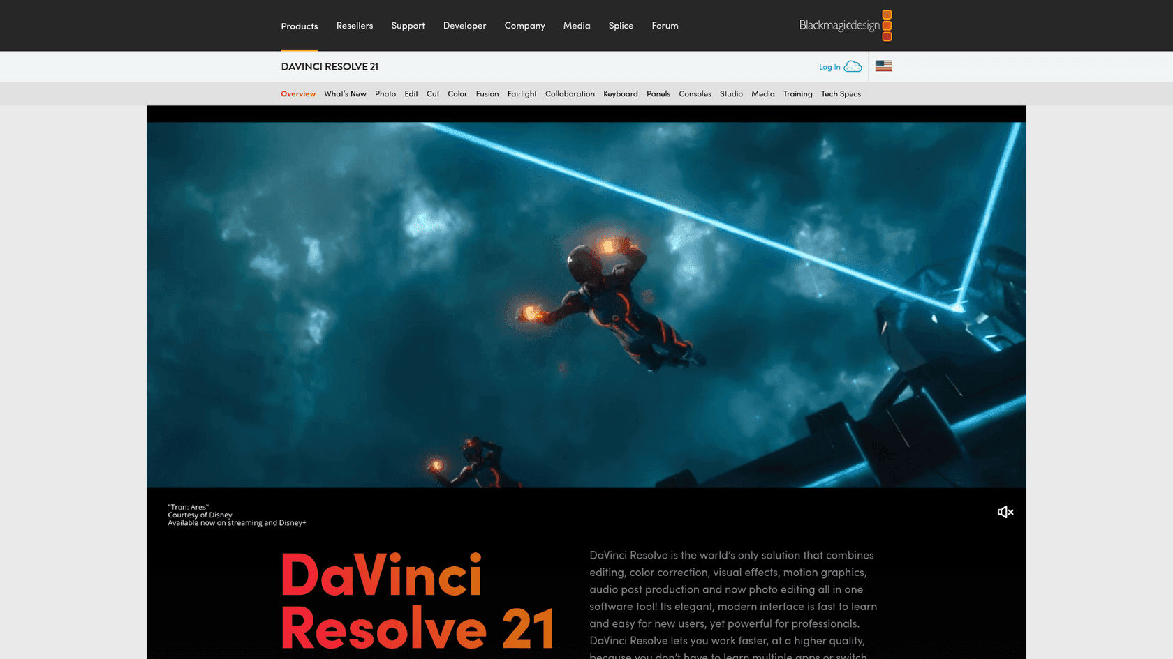 DaVinci Resolve product page, as taken from Blackmagic Design