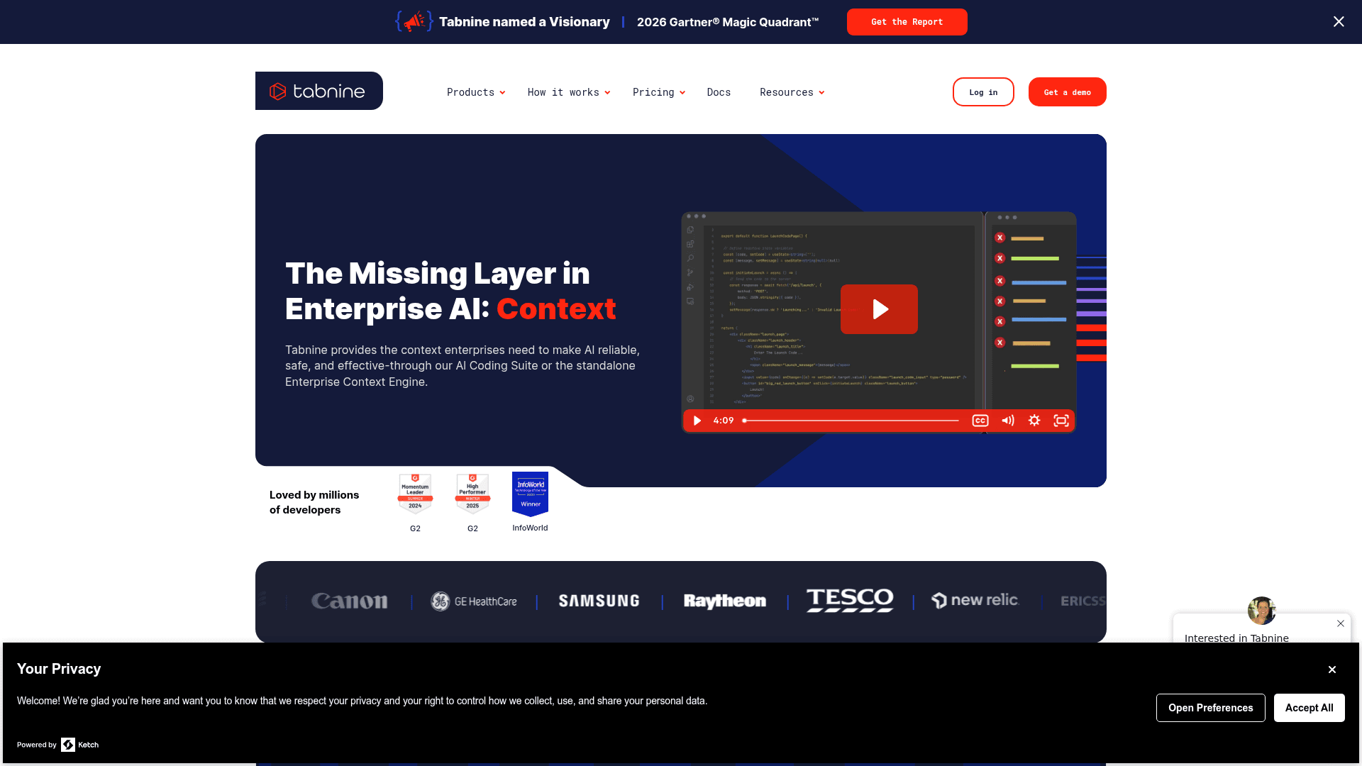 Tabnine AI coding assistant homepage showing enterprise-focused features, as taken from Tabnine