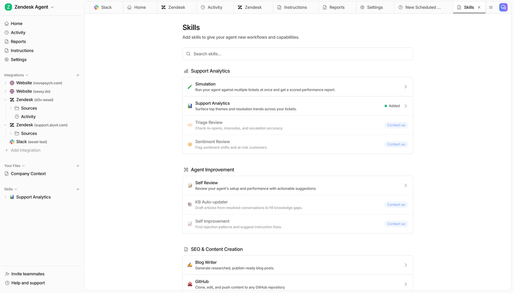 eesel AI's available skills list, showing packaged capabilities ready to run