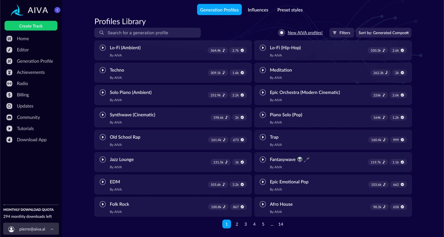 AIVA app showing the Profiles Library with genre styles like Lo-Fi, Techno, Meditation, and Epic Orchestra