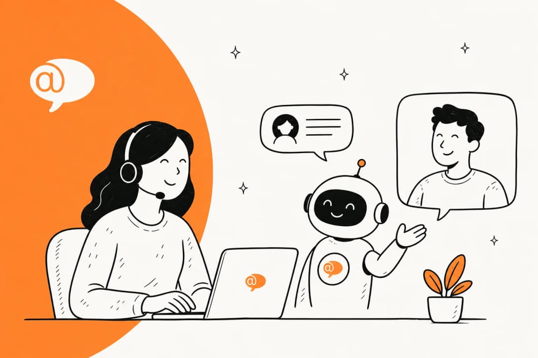 Illustration of an AI agent working inside a LiveAgent customer support helpdesk