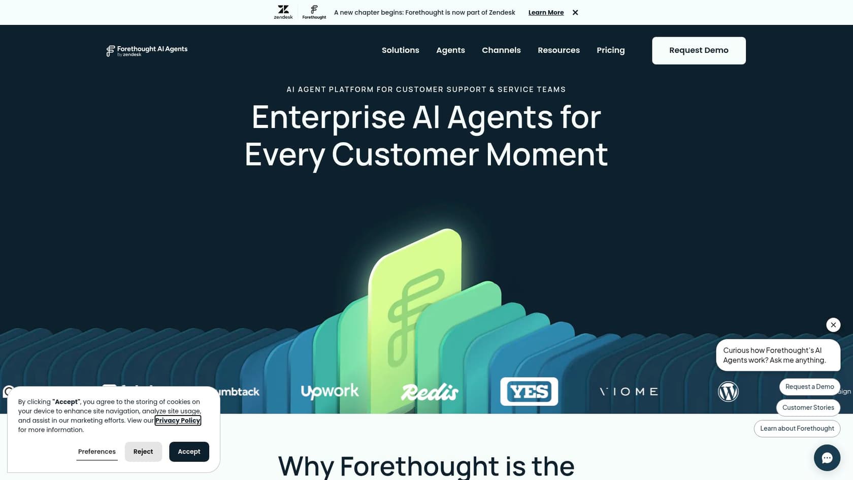 The Forethought.ai homepage showing "Enterprise AI Agents for Every Customer Moment"