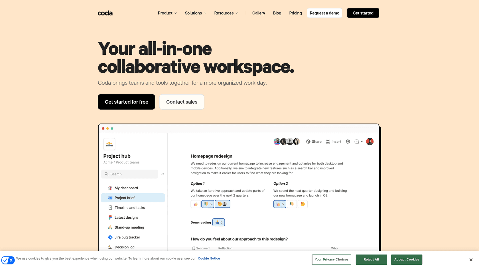 Coda homepage showing the doc-first workspace interface with connected tables and team hub templates