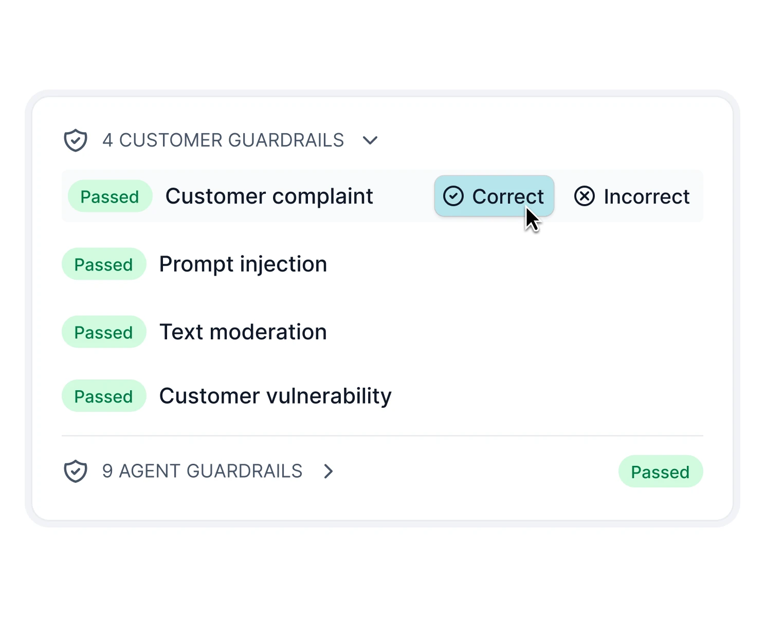 Gradient Labs guardrails panel showing customer and agent guardrails passing on a conversation, as taken from Gradient Labs