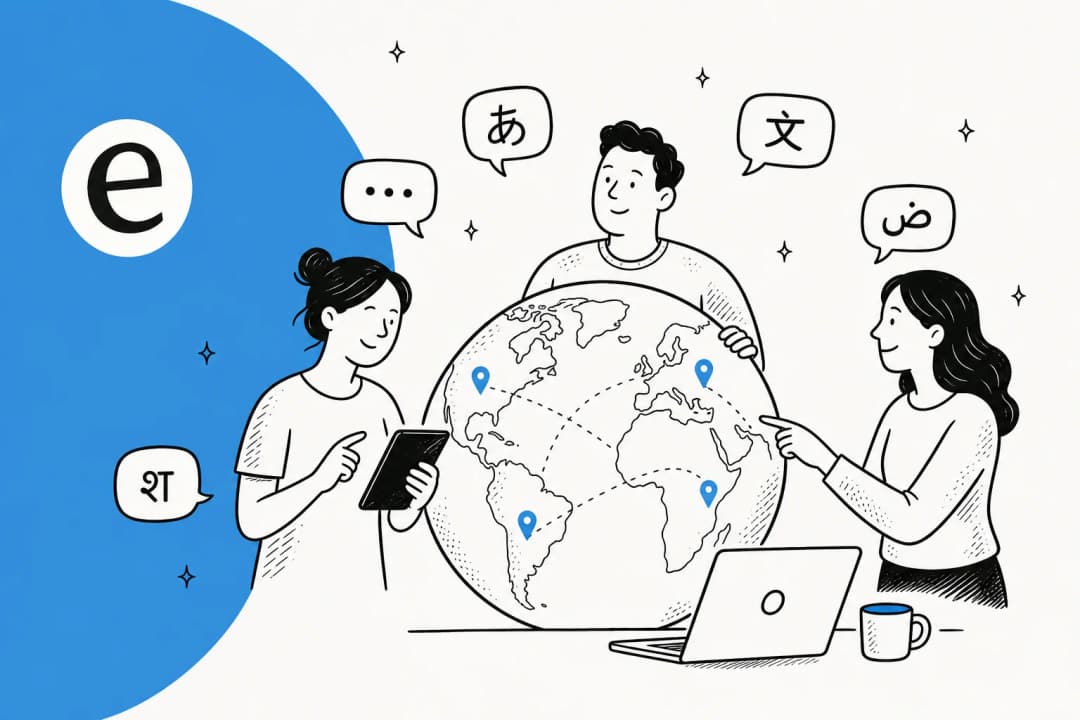 Illustration of blog content being localized into multiple languages for global search