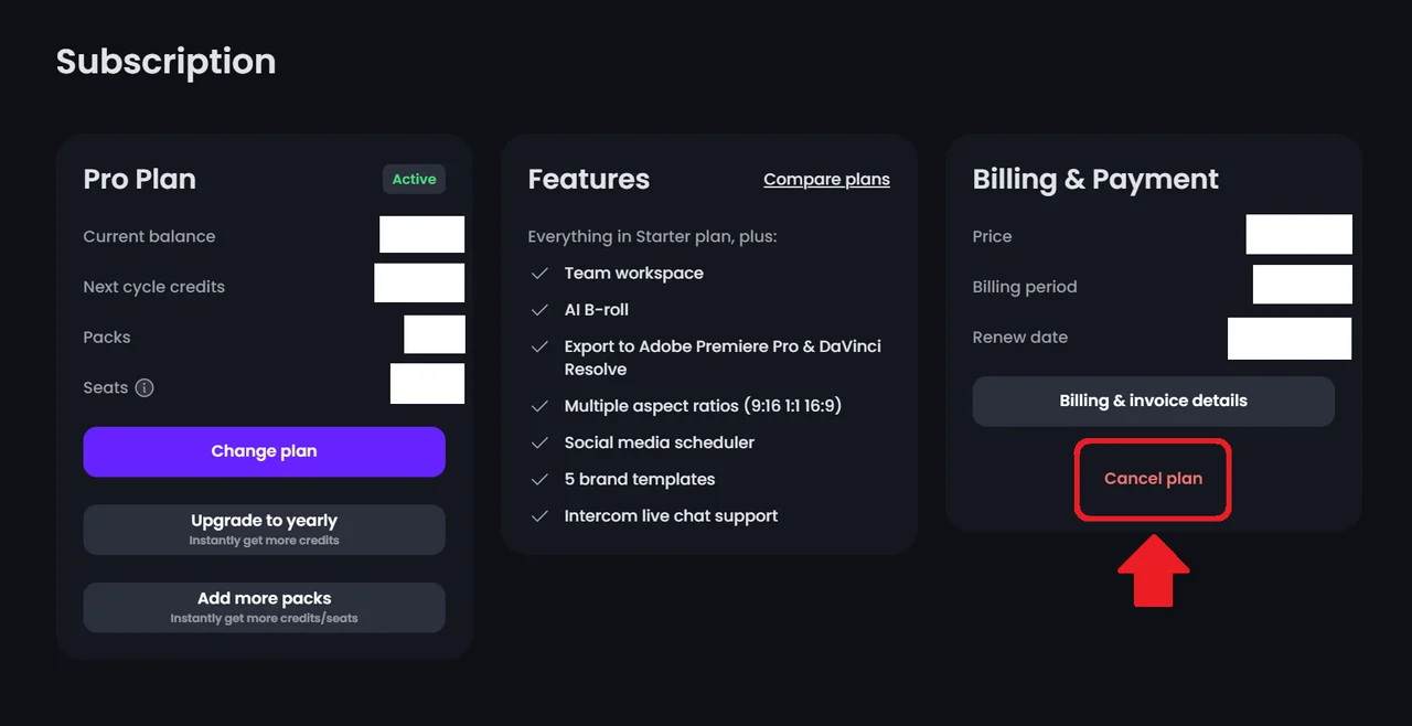 Plan and credit comparison from the OpusClip help center, as taken from OpusClip Help