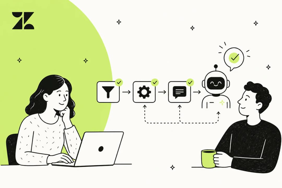 Illustration of a support agent and a customer with a flow of Zendesk triggers, automations and an AI bot sending a reply between them