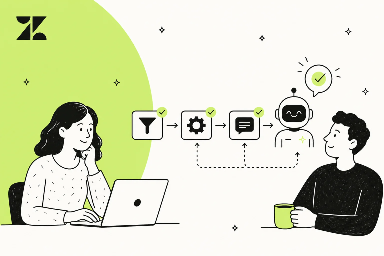 Illustration of a support agent and a customer with a flow of Zendesk triggers, automations and an AI bot sending a reply between them