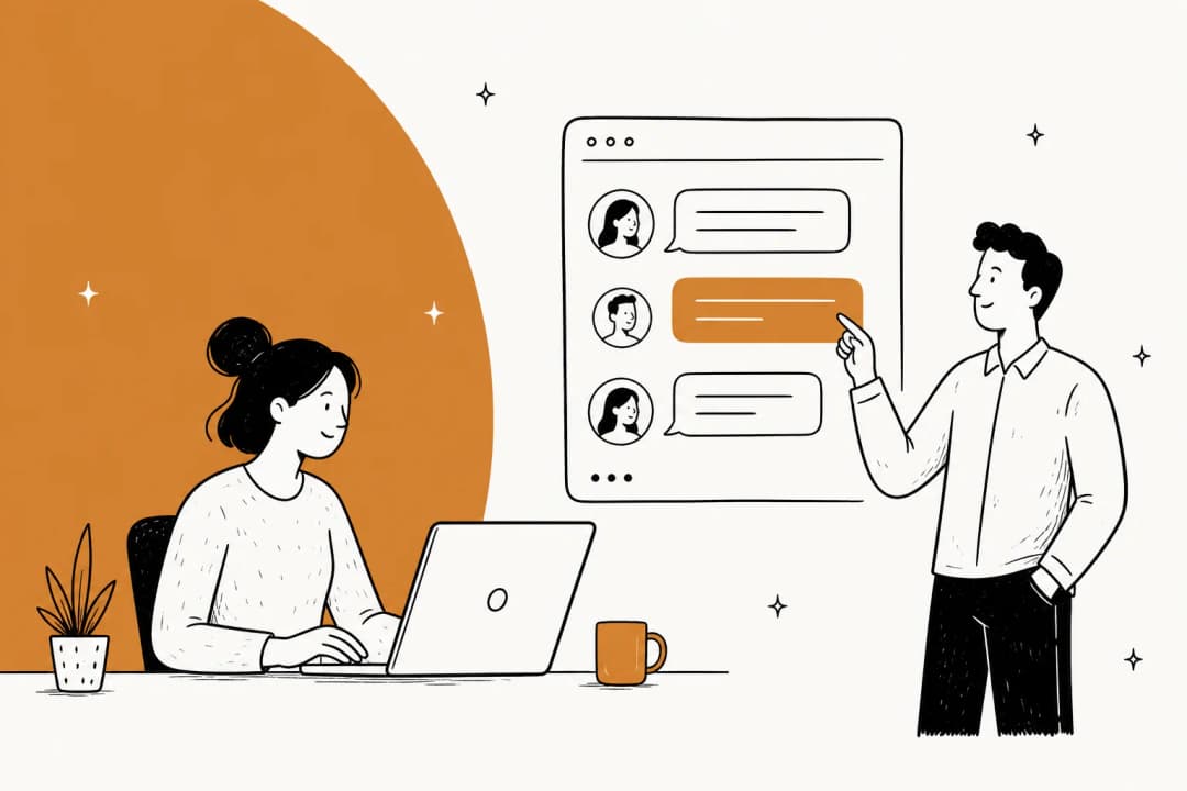 A person points at a chat conversation panel while a colleague works on a laptop